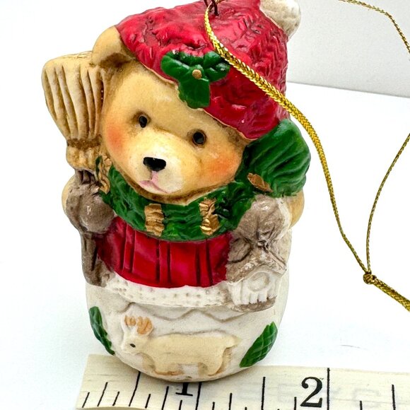 Vintage Bear Christmas Ornament With Red Hat & Sweater Green Scarf & Broom Featu - Picture 6 of 6